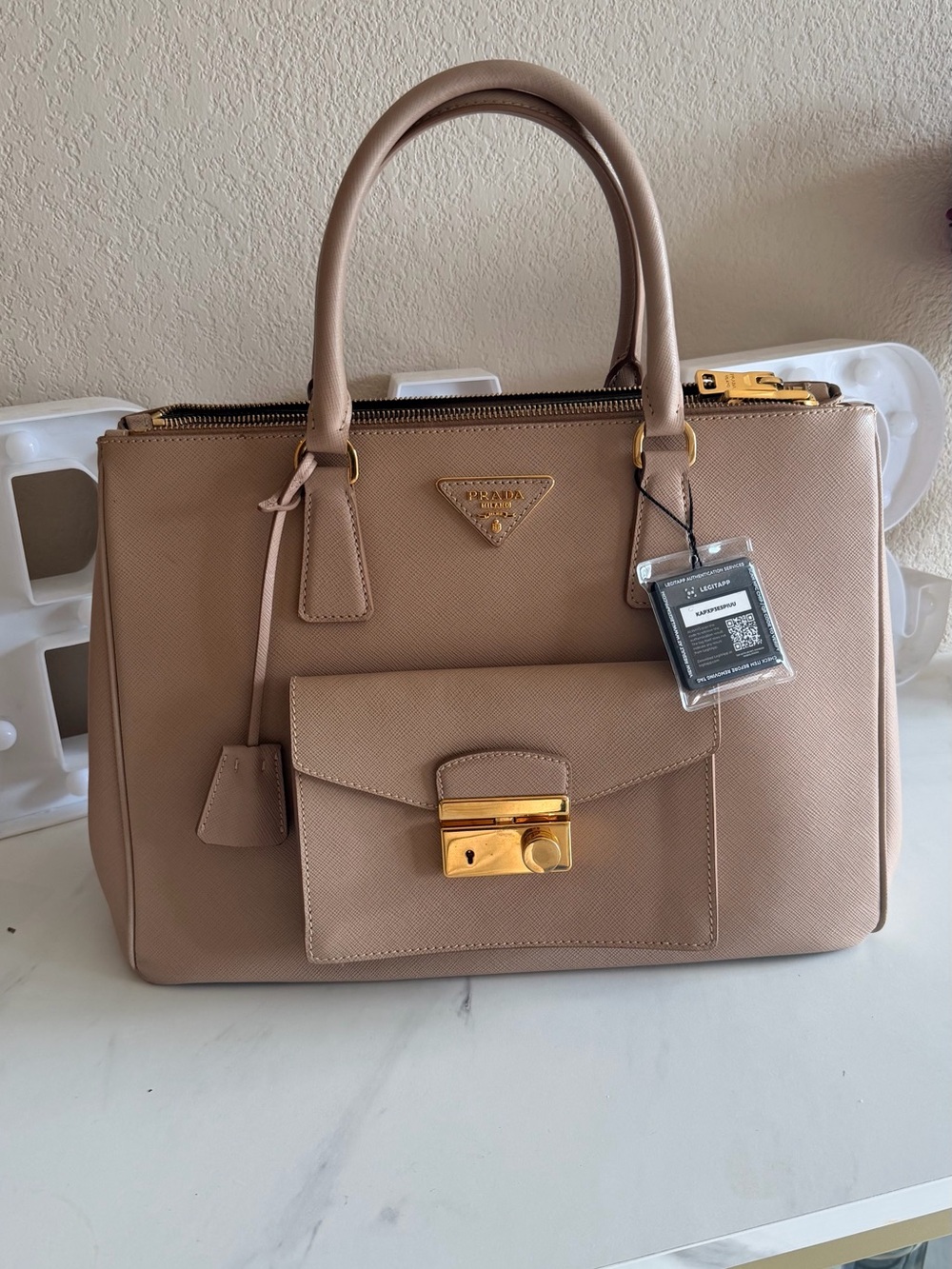 Prada Taupe Saffiano Leather Satchel with Gold Hardware
